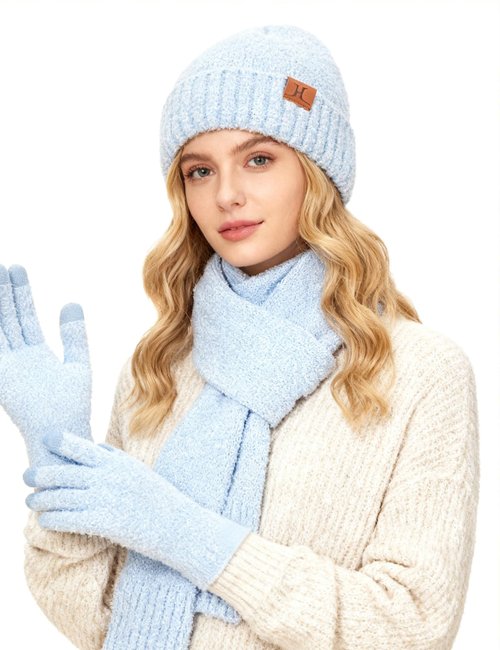 Hat Scarf And Gloves For Women, Winter Hats Womens Beanie Scarf Cold Weather Touchscreen Gloves Gift Set, Fall Accessories (Sky Blue)