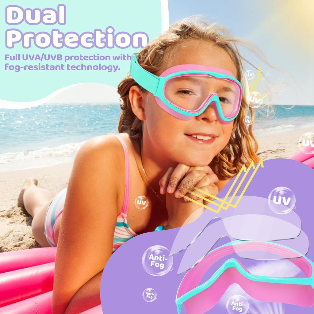 Vvinca Kids Swim Goggles - Anti-Fog, UV Protection, No Leak Design | 2 Pack with Comfort Strap for Ages 3-14