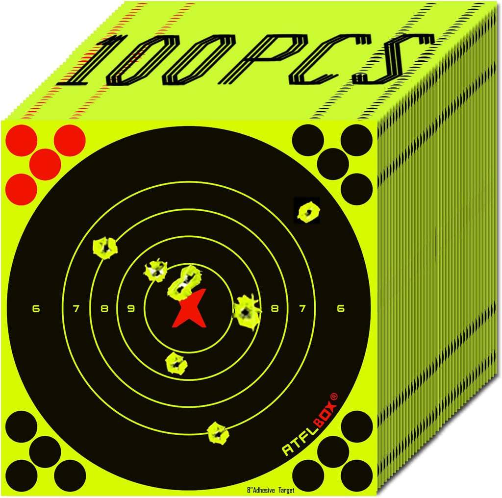 ATFLBOX 8-Inch Fluorescent Yellow Bullseye Shooting Target Stickers - Perfect for Indoor & Outdoor Ranges | Compatible with Handguns, Rifles, and Airsoft