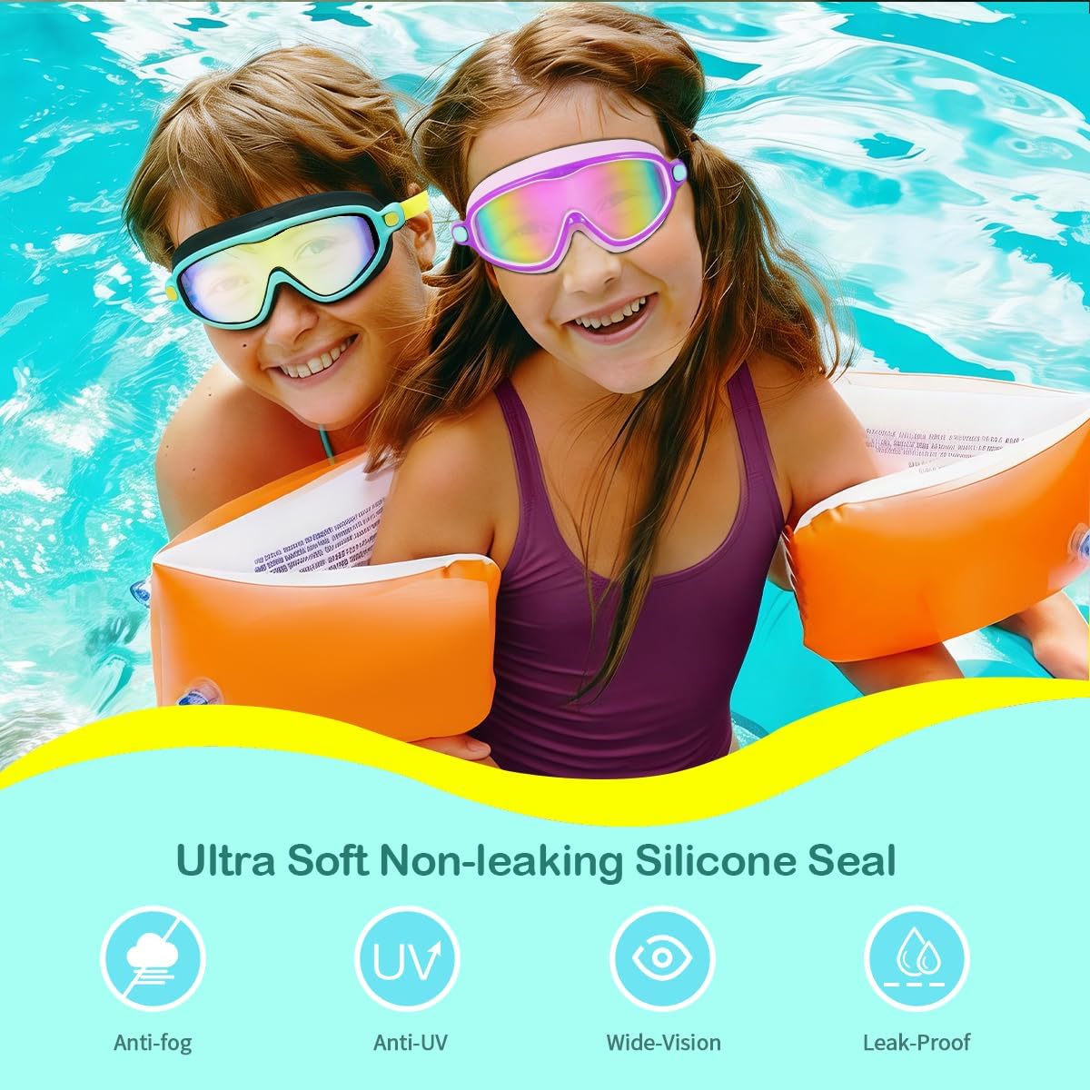 Seago Swim Goggles - Anti-Fog, Anti-UV, Wide View for Kids Ages 3-14 | 2 Pack