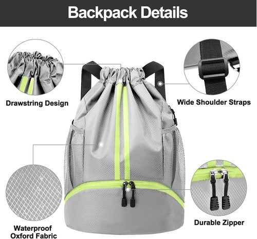 Hoedia Sports Drawstring Backpack - Versatile Swim & Gym Bag with Shoe Compartment & Waterproof Pocket