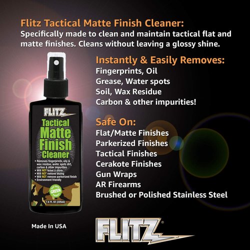 Flitz Tactical Matte Finish Cleaner - 7.6oz Bottle of USA-Made Gun Cleaner Spray to Remove Fingerprints, Oil, & Other Grime - Fast-Drying Cleaning Solution for Gun Wraps & More (1 Pack)