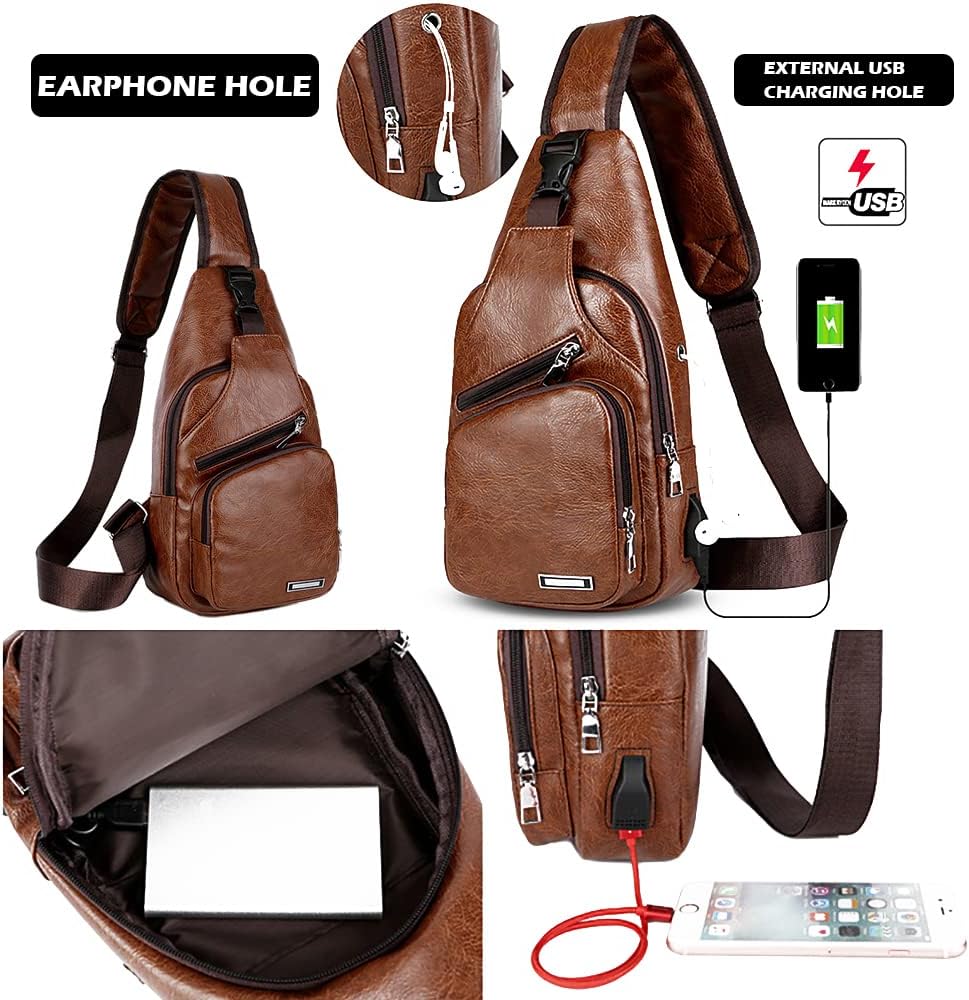 Peicees Leather Sling Bag - Men's Crossbody Backpack with USB Charging Port | Stylish & Functional