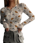 Skiennix Long Sleeve Shirts for Women - Trendy Y2K Print Henley Tops in Slim Fit Ribbed Knit