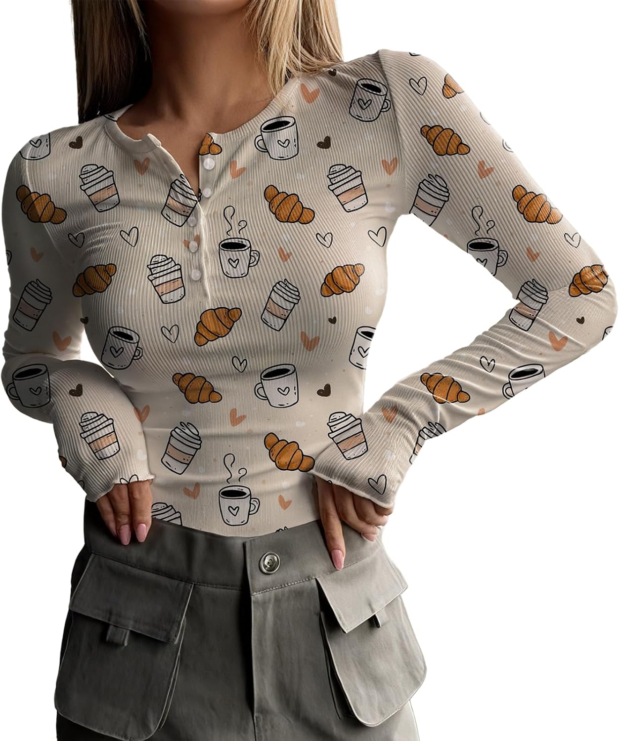 Skiennix Long Sleeve Shirts for Women - Trendy Y2K Print Henley Tops in Slim Fit Ribbed Knit