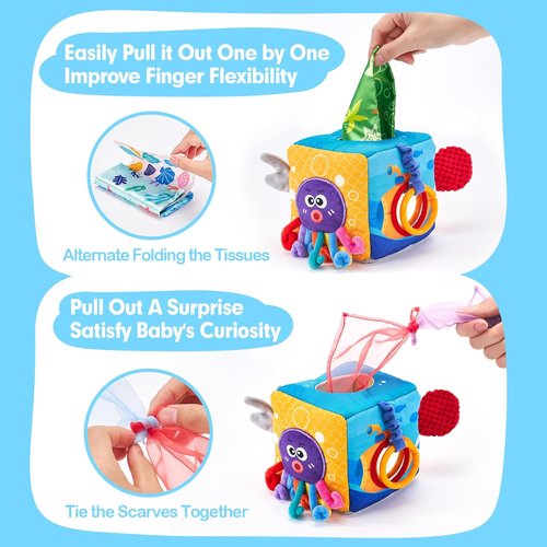 Hahaland Baby Tissue Box Toy - Montessori Sensory Toy for 6-12 Months with Textured Tails & Crinkle Tissues