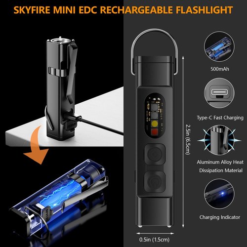 SKYFIRE 2Pack Rechargeable EDC Flashlight with Electric Lighter,Clip and Magnetic Base,Mini Flash Lights with UV Red and White LED Light Portable Pocket Light for Outdoors Indoor Emergency Working