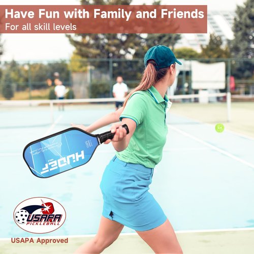 HUDEF Pickleball Paddle USAPA Approved, Lightweight Carbon Fiber Face and Polypropylene Honeycomb Core Pickleball Racket with Cover, Elongated Handle and Cushion Comfort Grip Pickle Ball Paddle Blue