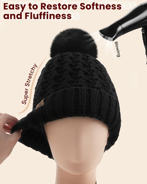 Trifabricy Womens Winter Hat Knit Crossed Cap Beanie Hats for Women Soft Warm Lined with Faxu Fur Pom Poms for Cold Weather Working Skiing Hiking Black