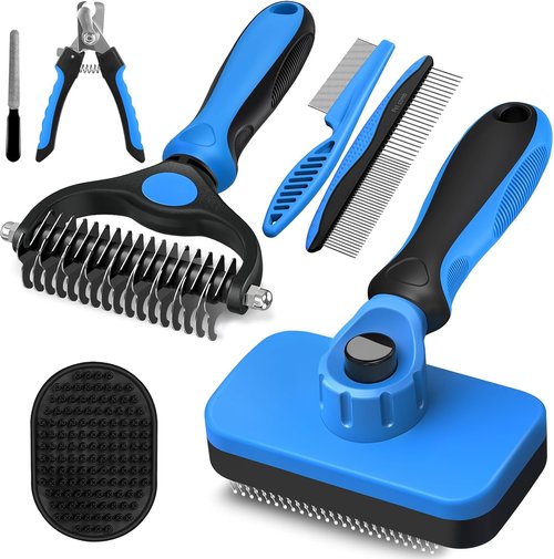 Augwind 7-in-1 Pet Grooming Kit - Premium Dog & Cat Comb, Deshedding Brush, Nail Clipper & Bath Brush - Blue