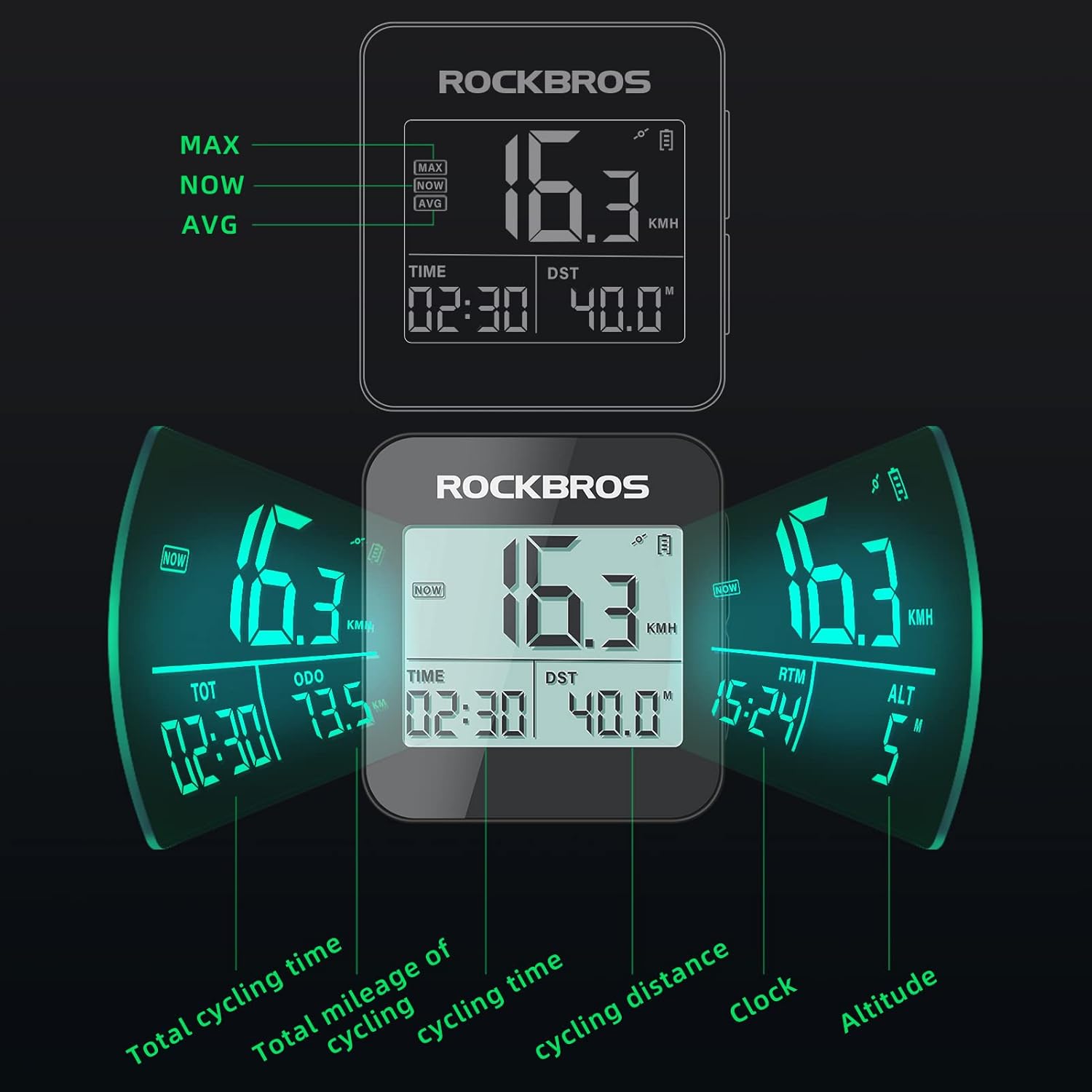 ROCKBROS GPS Bike Computer - Waterproof Cycling Odometer with Automatic Backlight & Large Display