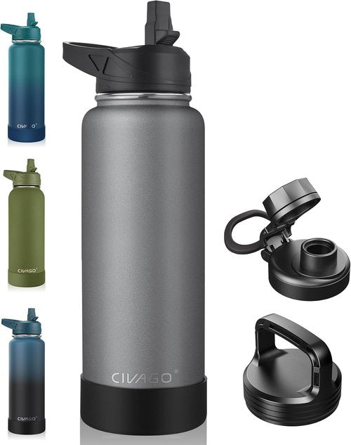 CIVAGO 40 oz Insulated Water Bottle - Stainless Steel Sports Flask with 3 Lids | Cool Gray