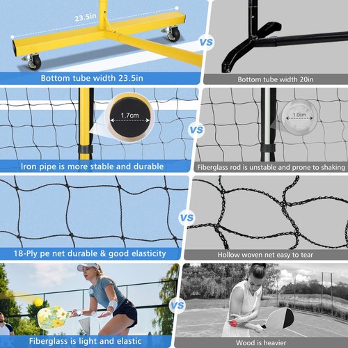 Fostoy Portable Pickleball Net with Wheels, Pickleball Set with 4 Fiberglass Paddles & 6 Pickleballs, Carry Bag, for Backyards Driveways and Garages (22ft & 11ft Net with 4 Fiberglass Paddles)