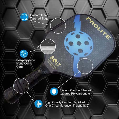Prolite Bolt Pickleball Paddle - Light Weight - Powerful - Carbon Fiber Facing for Superior Ball Placement - Polypropylene Honeycomb Core - Micro Matte Edge Guard - USAP Approved