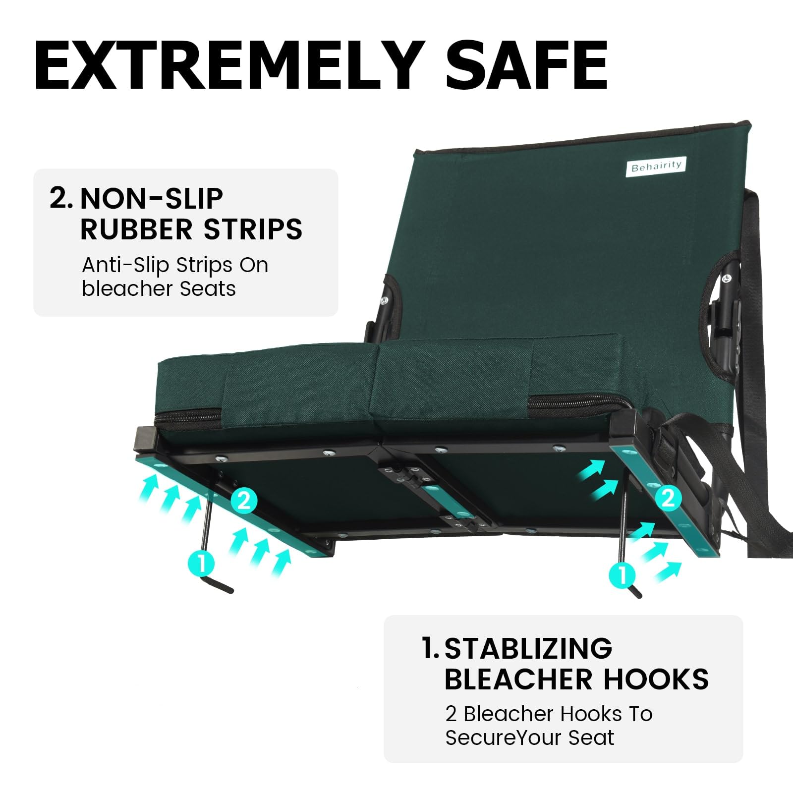 behairity Portable Stadium Seat for Bleachers with Back Support, Wide Padded Bleacher Chair with High Back and Thick Cushion for Adults, Folding Stadium Chair for Football Sports Events (Green)