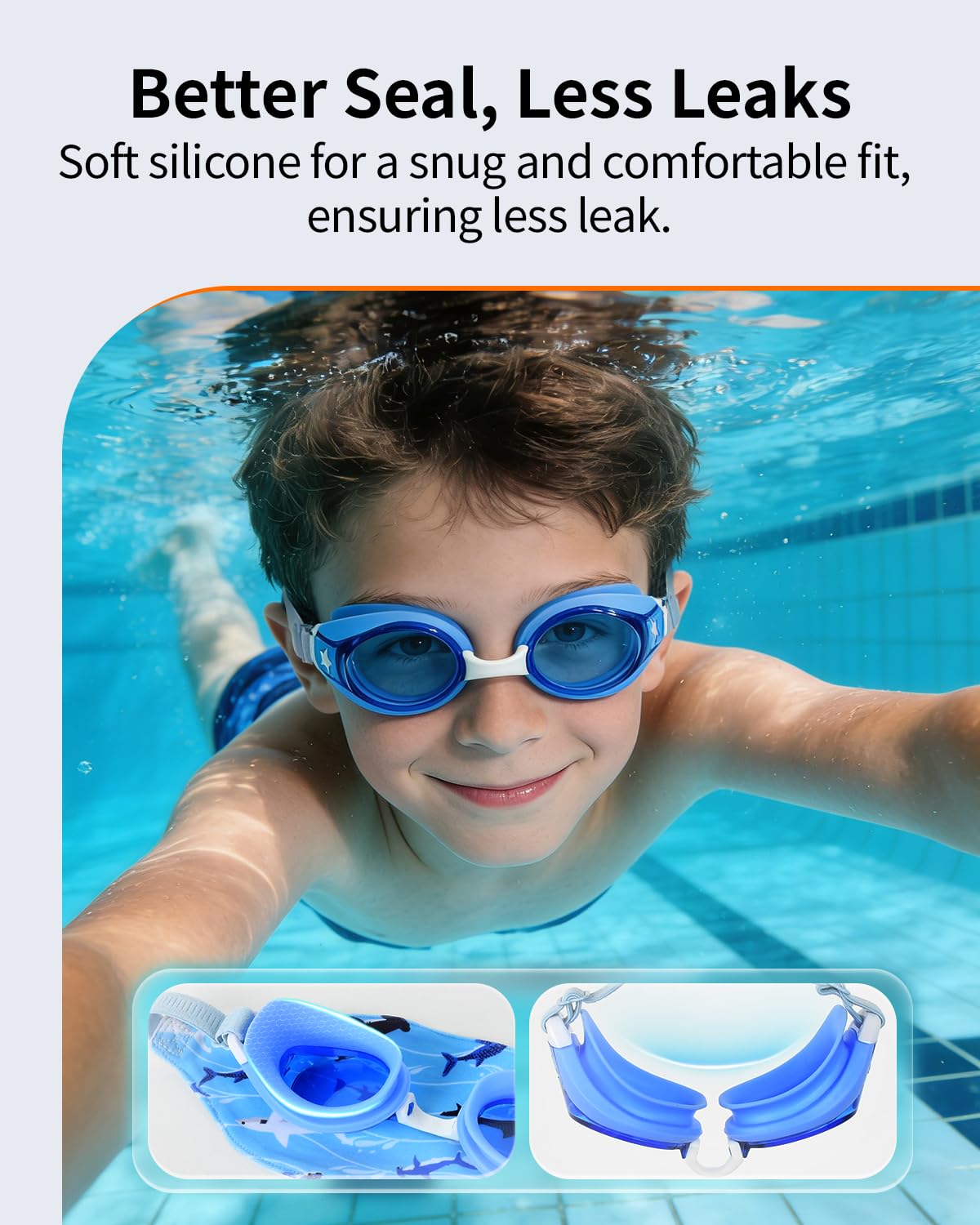 Pixel Panda Kids Swim Goggles with Fabric Strap for 3-12, Swim Pool Goggles for Boy Girls Toddler, No Hair Pulling, Blue-red