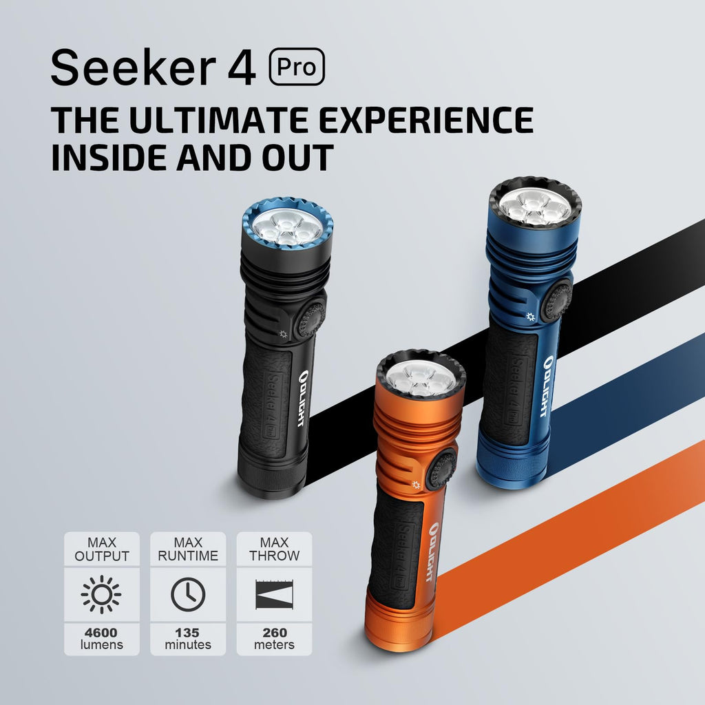 OLIGHT Seeker 4 Pro Rechargeable Flashlights, 4600 Lumens High Powerful Bright Light with USB C Holster, Waterproof IPX8 for Emergencies, Camping, Searching (Matte Black Cool White)