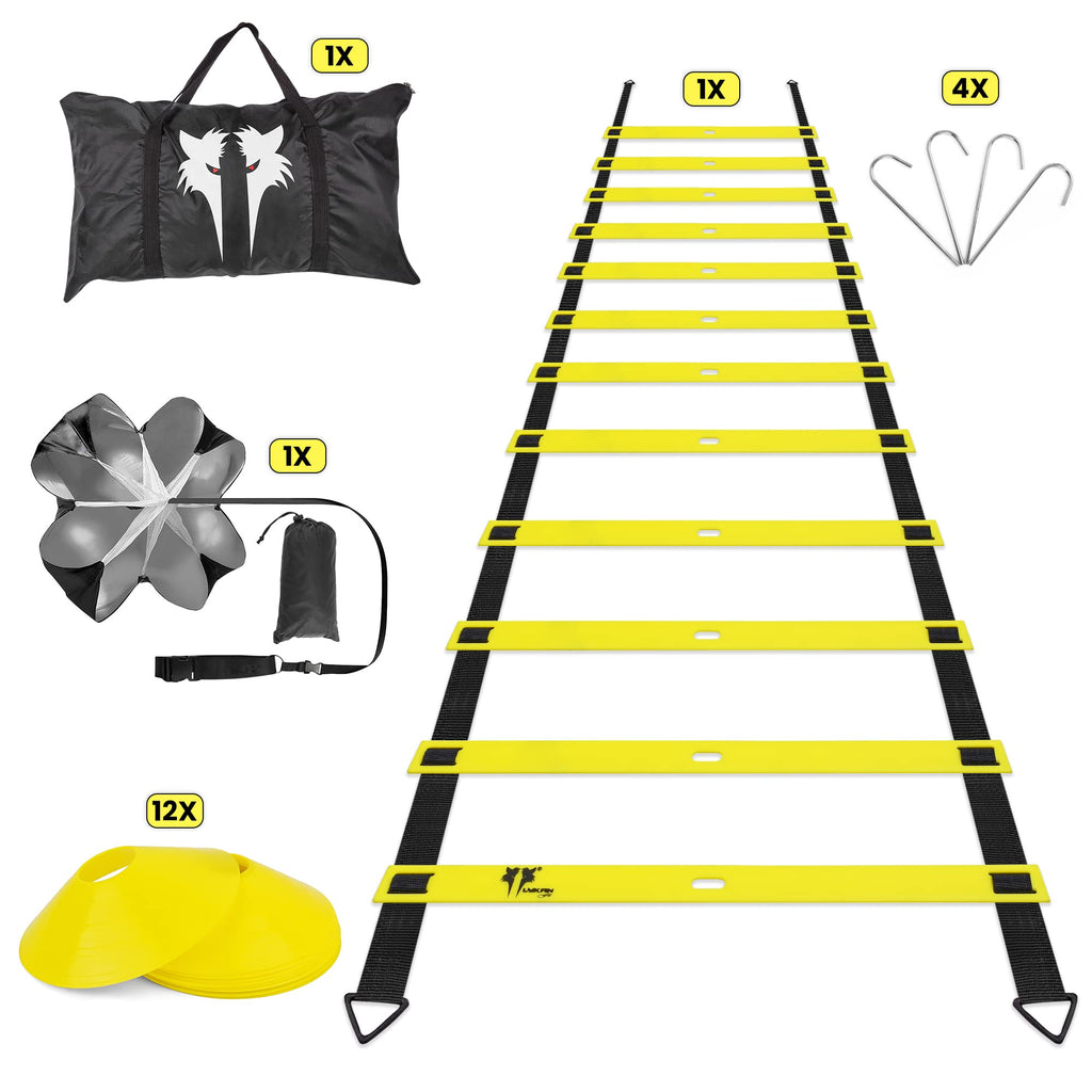 20ft Sports Agility Ladder for Men Women and Kids, Speed Youth Soccer Agility Training Equipment for football, exercise, Tennis, Legs Workout with Speed Parachute with, Cones and Carry Bag (Blue)