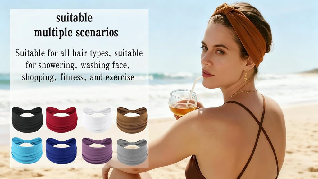 Skiennix Wide Elastic Headbands - Soft Knotted Hair Bands for Makeup & Sports | 8-Pack Non-Slip Design