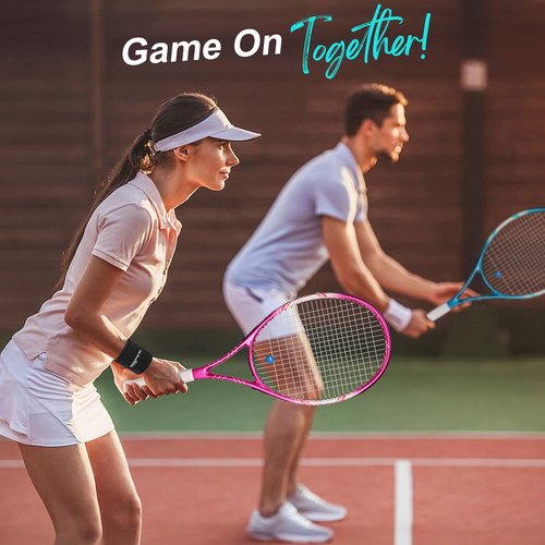 SIMTION 27 Inch Tennis Rackets Set, 2 Player Pre-StrungTennis Racquets for Adults, 2 Overgrip Tapes, 3 Balls, 2 Wristbands and Carrying Bag, for Beginner and Professional (Rose Pink & Blue)