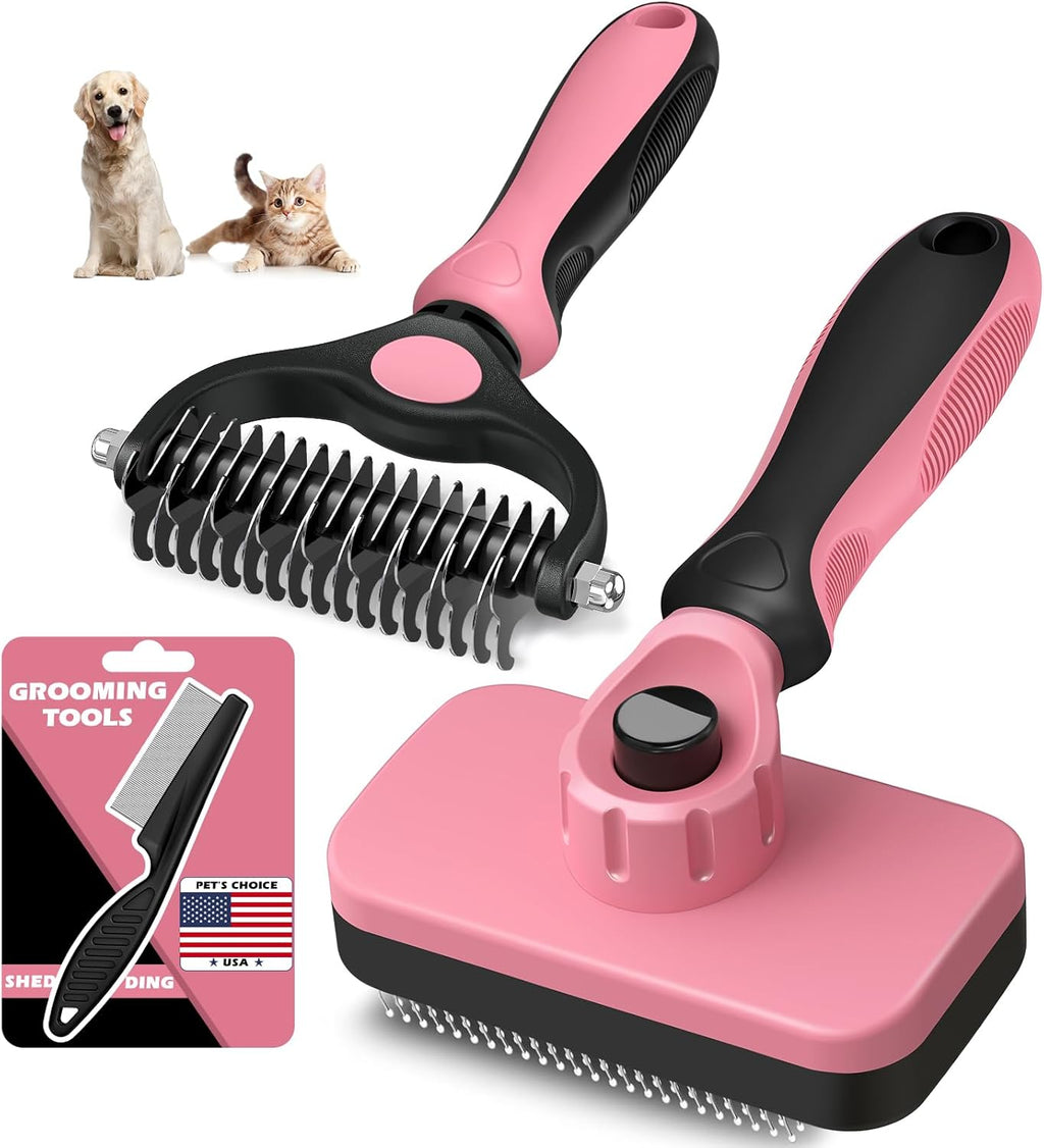 Skiennix Self-Cleaning Slicker Brush Set - Pet Grooming Rake & Flea Comb for Dogs, Cats, Horses | Light Pink