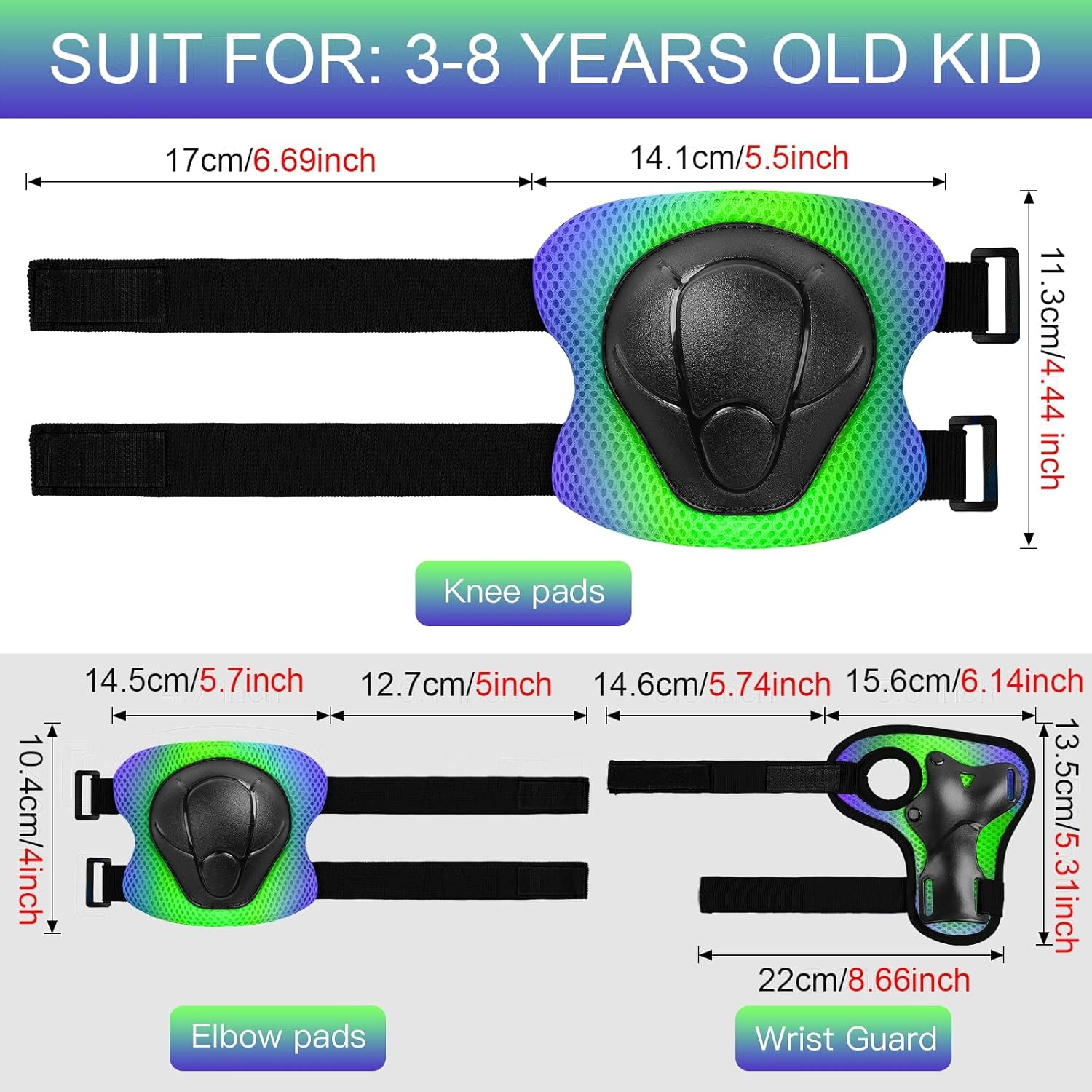 Wemfg Kids Protective Gear Set - Knee & Elbow Pads with Wrist Guards | 3-in-1 for Ages 3-14