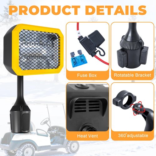 GSQQTE Golf Cart Heater, 36V Battery Operated Heater, 400W Electric Heaters for Golf Cart Accessories, Safe & Quiet Carbon Fiber Heating Golf Cart Warmer, Compatible with Club Car/Yamaha/EZGO