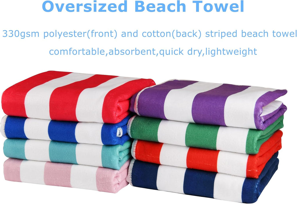 Skiennix Oversized Cotton Beach Towel - Quick-Dry, Absorbent, Lightweight | Striped Blue 32'' x 63''