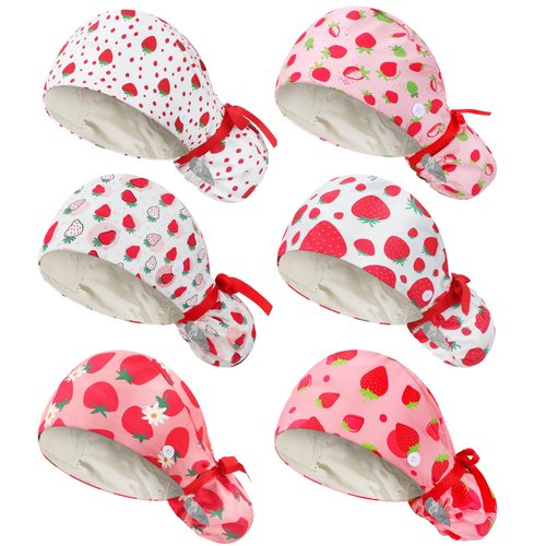 Jamntower 6 Pcs Satin Lined Working Hat Scrub Caps Adjustable Tie Back Bouffant Hats with Button Sweatband for Doctor Nurse(Strawberry Style,Cute Color)