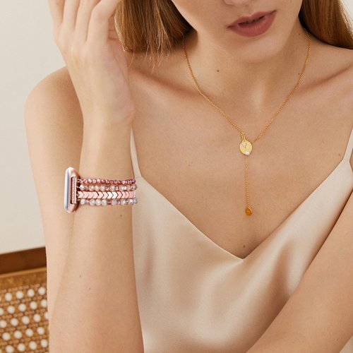 CAGOS Bracelet Compatible with Fitbit Versa 1/2/Versa Lite for Women, Handmade Beaded Elastic Replacement Wristband for Versa 2/1/Lite Watch/Special Edition Watch Rose Gold