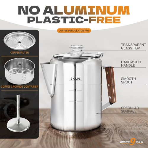 LRYYBTI Percolator Pot Stainless Steel Camping Coffee Pot-NO Aluminum or Plastic Camping Coffee Pot Stovetop (9 cup)