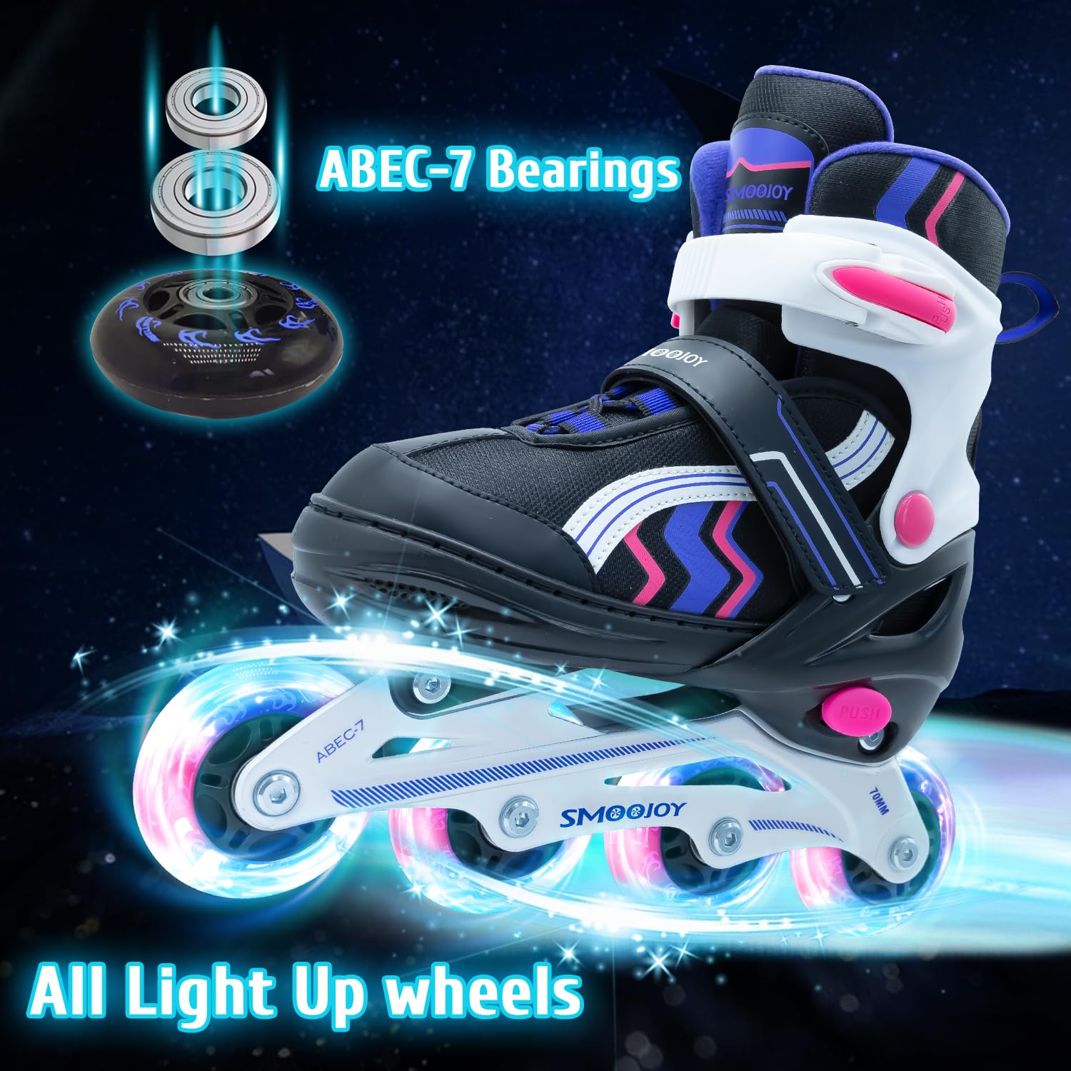 SMOOJOY Inline Skates for Kids Light-Up Wheels Aluminum Frame Black Rose Red Blade Skate for Boys and Girls S, M, L Sizes, Ages 8-12, Perfect for Beginners Indoors and Outdoors