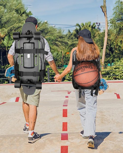 WOLT Skateboard Backpack, 15.6 Inch Laptop Backpack for Men Women, Sports Backpack with Ball Holder for Longboard Basketball Soccer, Grey