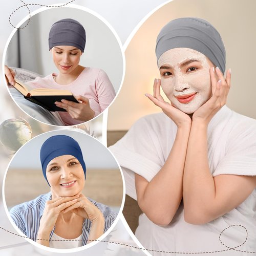 Zhengmy 4 Pcs Cotton Chemo Sleep Cap for Women, Soft Cancer Beanie Hat Headwear Turban Stretchy Skull Cap Hair Loss Head Wrap(Black, Gray-blue, Light Gray, Dark Gray)