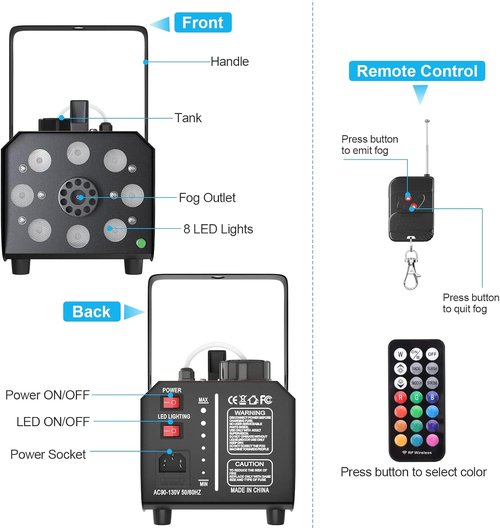 HAKUTA 500W Fog Machine - Light Rain & Splash Proof with 2300 CFM Output, 8 LED Lights & 2 Remotes