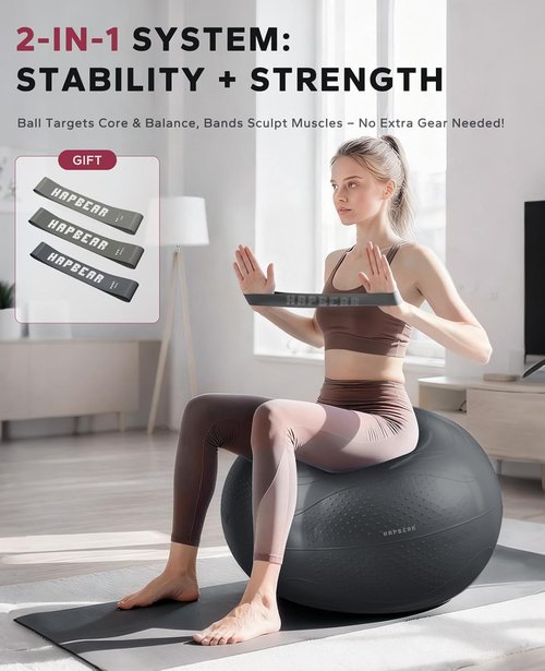 HAPBEAR Exercise Ball - Anti-Burst Slip-Resistant Yoga & Pilates Ball for Core Training | 22''/26''/30'' with Quick Pump & 3 Resistance Bands