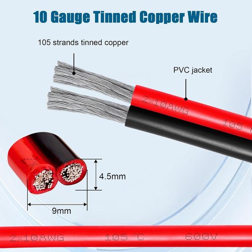 **Tinned Copper 10 Gauge Wire - Flexible 10 AWG Marine Cable for Solar Panels, LED Strips & More | 10FT**