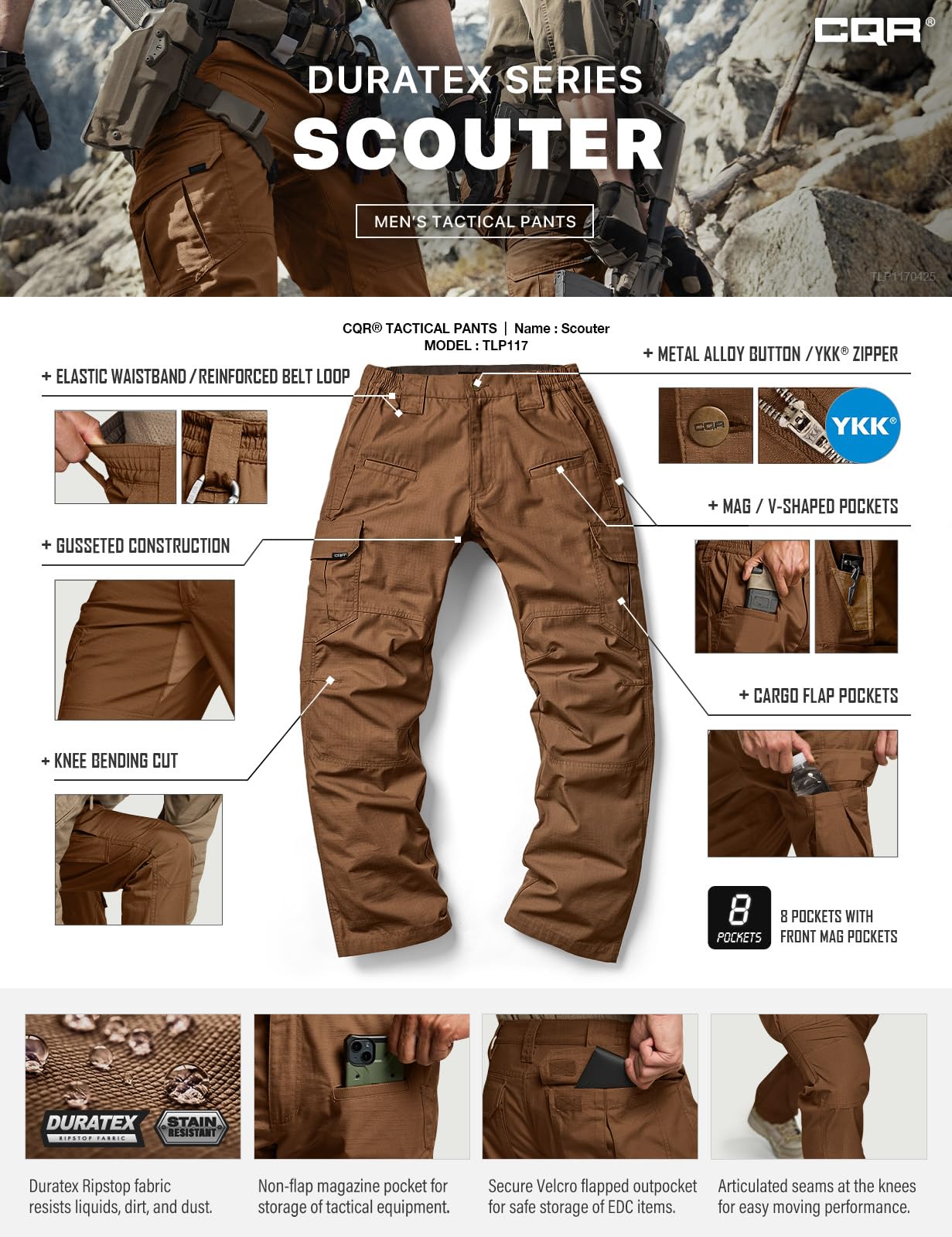 CQR Men's Tactical Pants, Water Resistant Ripstop Cargo Pants, Lightweight EDC Work Hiking Pants, Outdoor Apparel, Raider Copper Brown, 42W x 30L