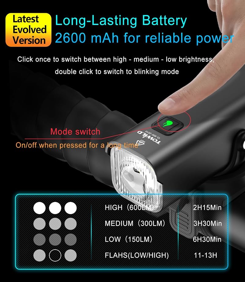 Towild CL600 Bike Front Light — Rechargeable, Waterproof, Garmin/GoPro Mount Compatible