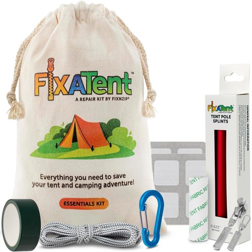 FixnZip FixATent Essentials | Complete Tent Repair Kit with Zipper Slider, Pole Splints, Shock Cord, Screen Patches, Duct Tape & Carabiner | All-in-One Camping Gear Repair & Emergency Tent Fix Kit
