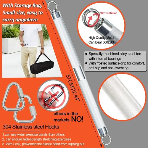 DASKING Compact 23 Inch (58cm) Resistance Bar Set with 3 Stackable Bands - 500LBS Heavy Duty Home Gym Kit, Portable Full Body Workout Equipment