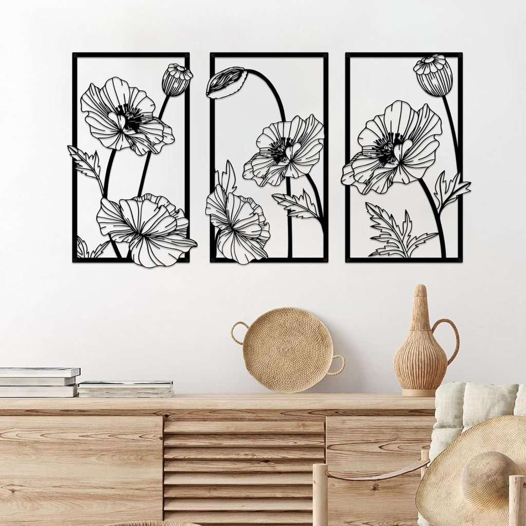 Resama Black Metal Flowers Wall Decor - Minimalist Abstract Floral Art for Bedroom, Bathroom, Kitchen