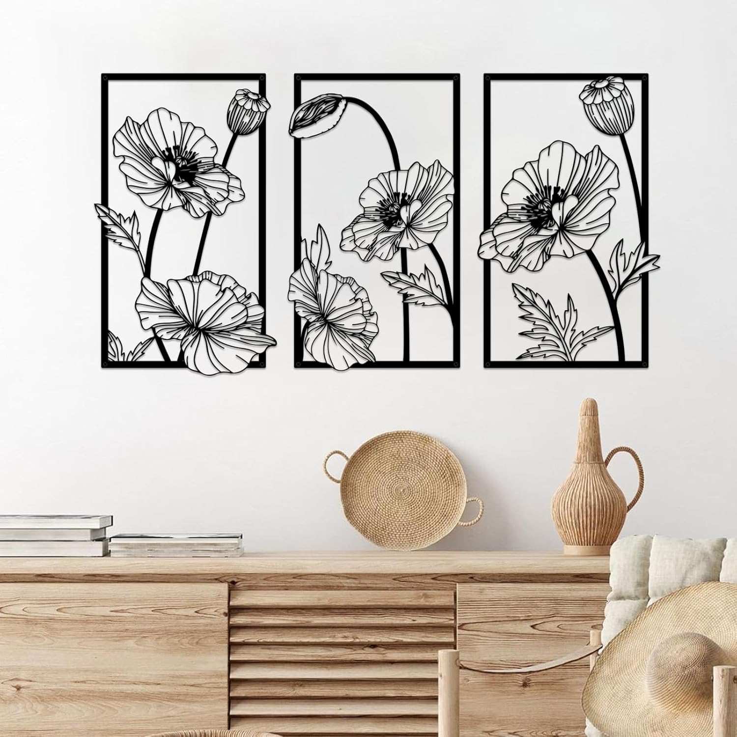 Resama Black Metal Flowers Wall Decor - Minimalist Abstract Floral Art for Bedroom, Bathroom, Kitchen