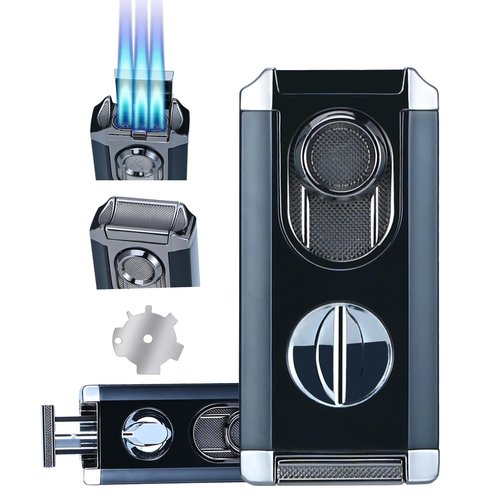 Reetsing Windproof Triple Jet Flame Torch Lighter with Stand – Refillable and Adjustable 3 Flame Lighter with Built-in V-Cut, Quality Gift for Men（Without Butane）