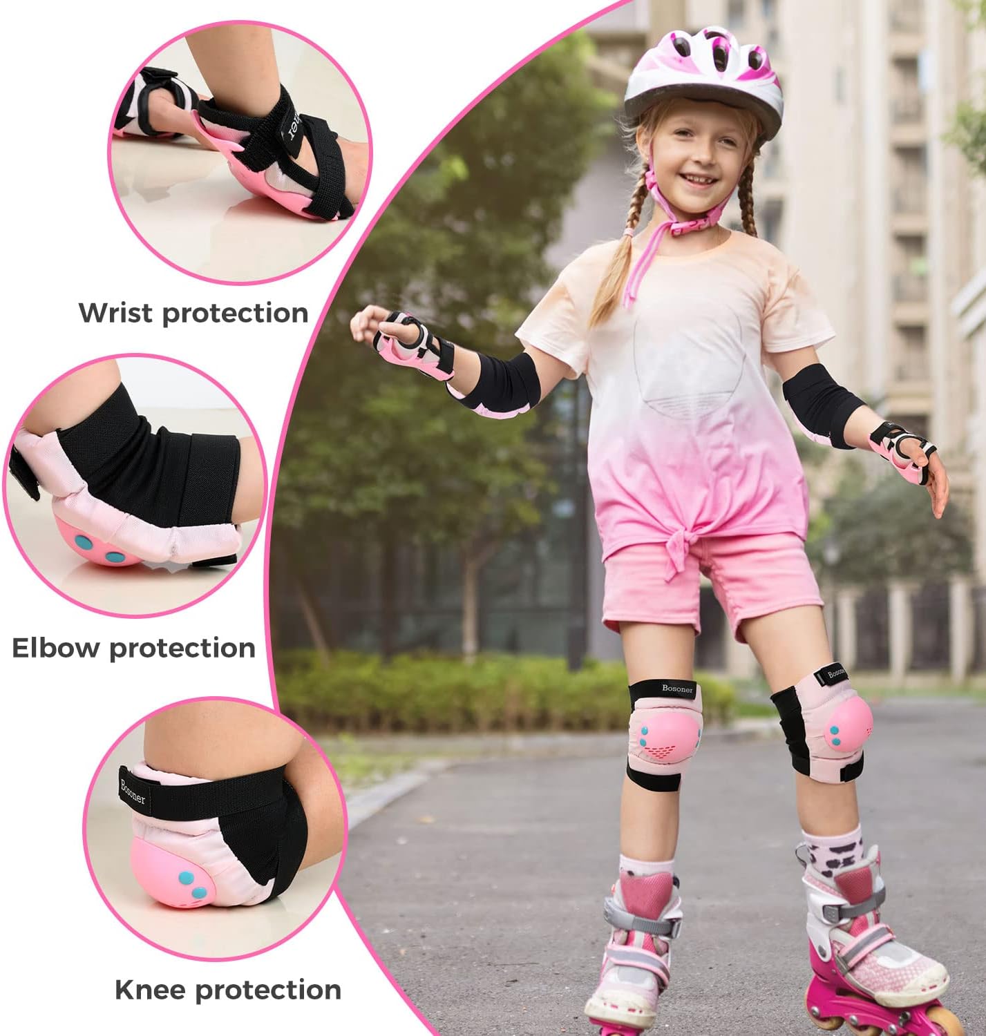 BOSONER Kids Protective Gear Set - Knee Pads, Elbow Pads & Wrist Guards for Ages 3-15 | Ideal for Roller Skating, Cycling & BMX