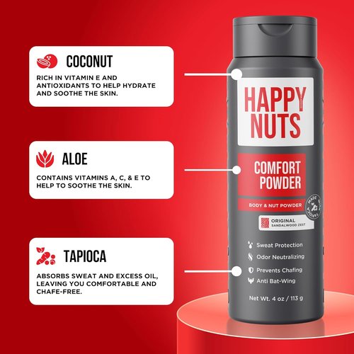 HAPPY NUTS Comfort Powder Deodorant for Men - Anti-Chafing & Odor Control, Aluminum-Free, 4 oz (Original Scent)