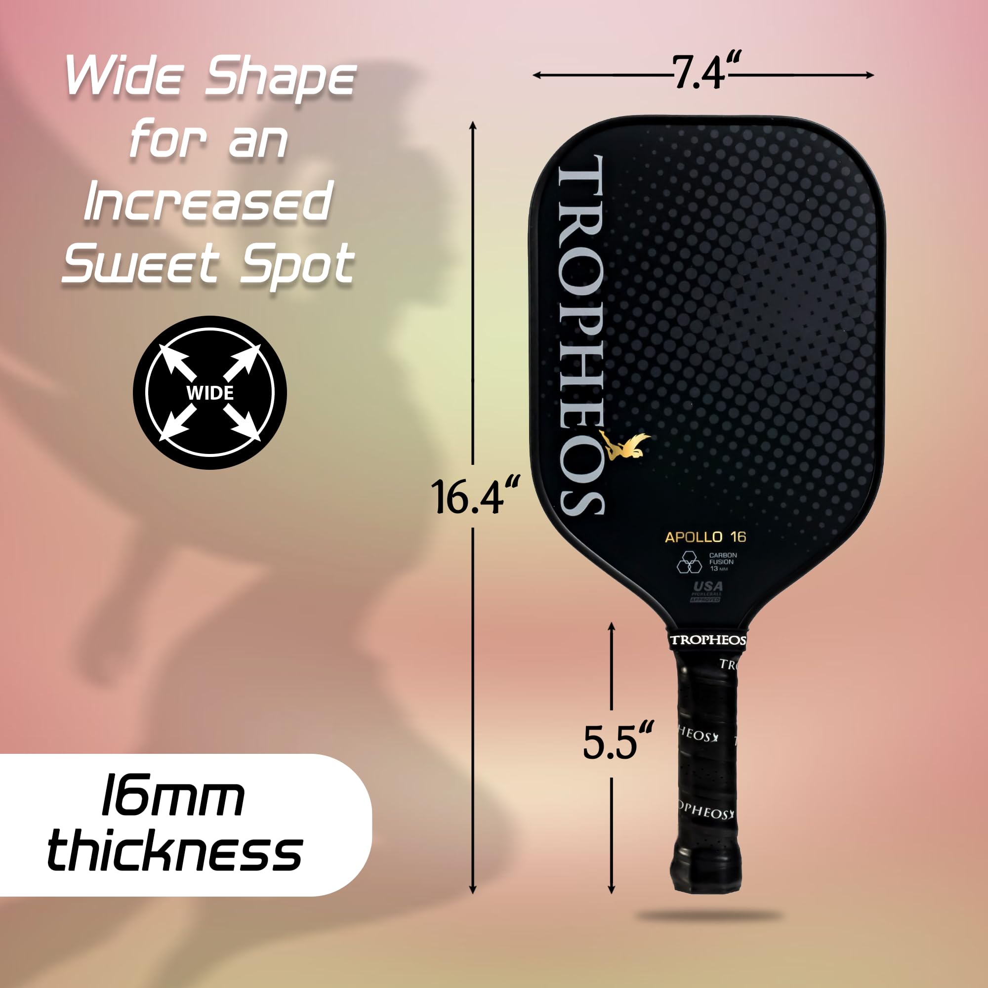 Tropheos Apollo 16 Carbon Fiber Pickleball Paddle | Wide Sweet Spot | Amplifies Spin & Control | USAPA Approved | Best Pickleball Paddles 2024 | Control Black - 16mm
