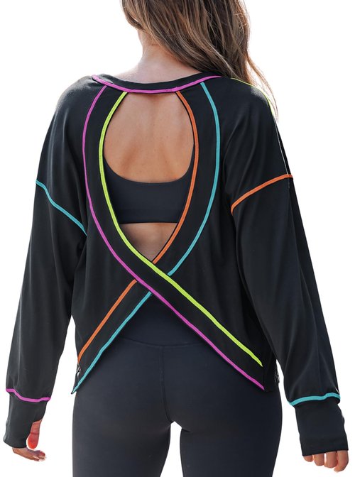 popvil Open Back Workout Tops for Women Long Sleeve Lightweight Athletic Shirt for Gym Yoga Hiking Running Clothing Black