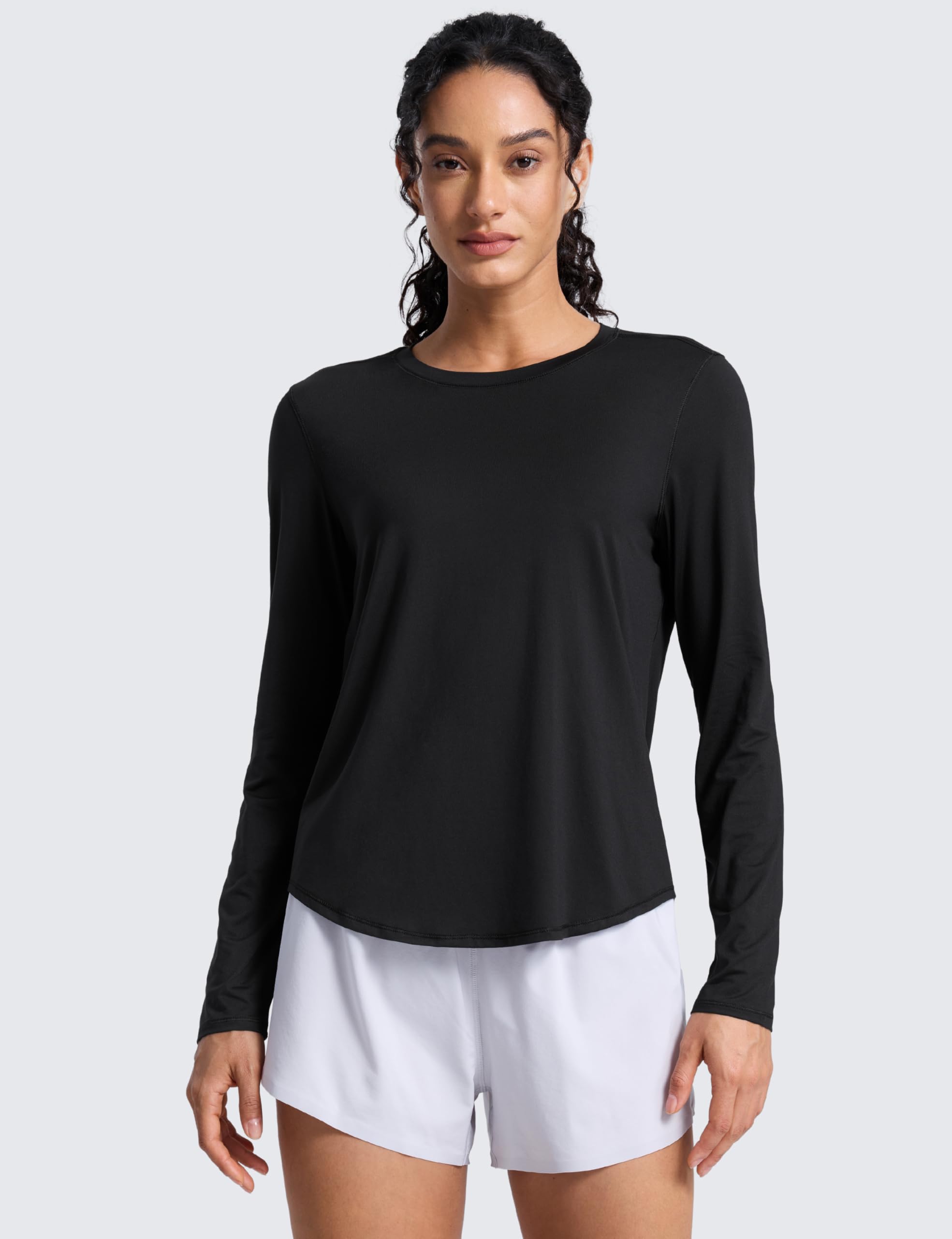 CRZ YOGA Lightweight Workout Long Sleeve Shirts for Women - Gym Running Fall Athletic Training T-Shirts High Neck Tops Black Medium