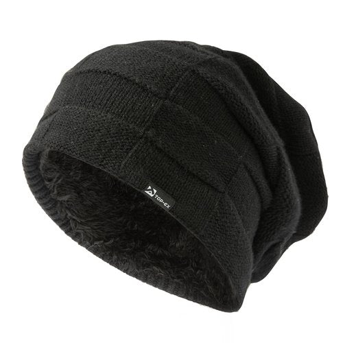 TOP-EX Winter Slouchy Beanies Hats for Men Big Head Merino Wool Knitted Skull Fleece Lined Long Stocking Ski Running Large XL XXL Black